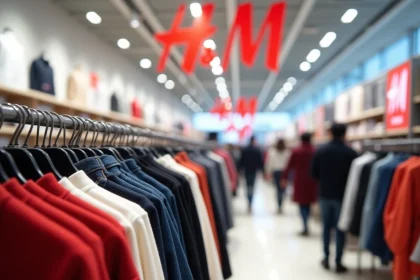 Intérieur d'un magasin H&M avec des rayons de vêtements colorés et des clients en train de faire leurs achats
