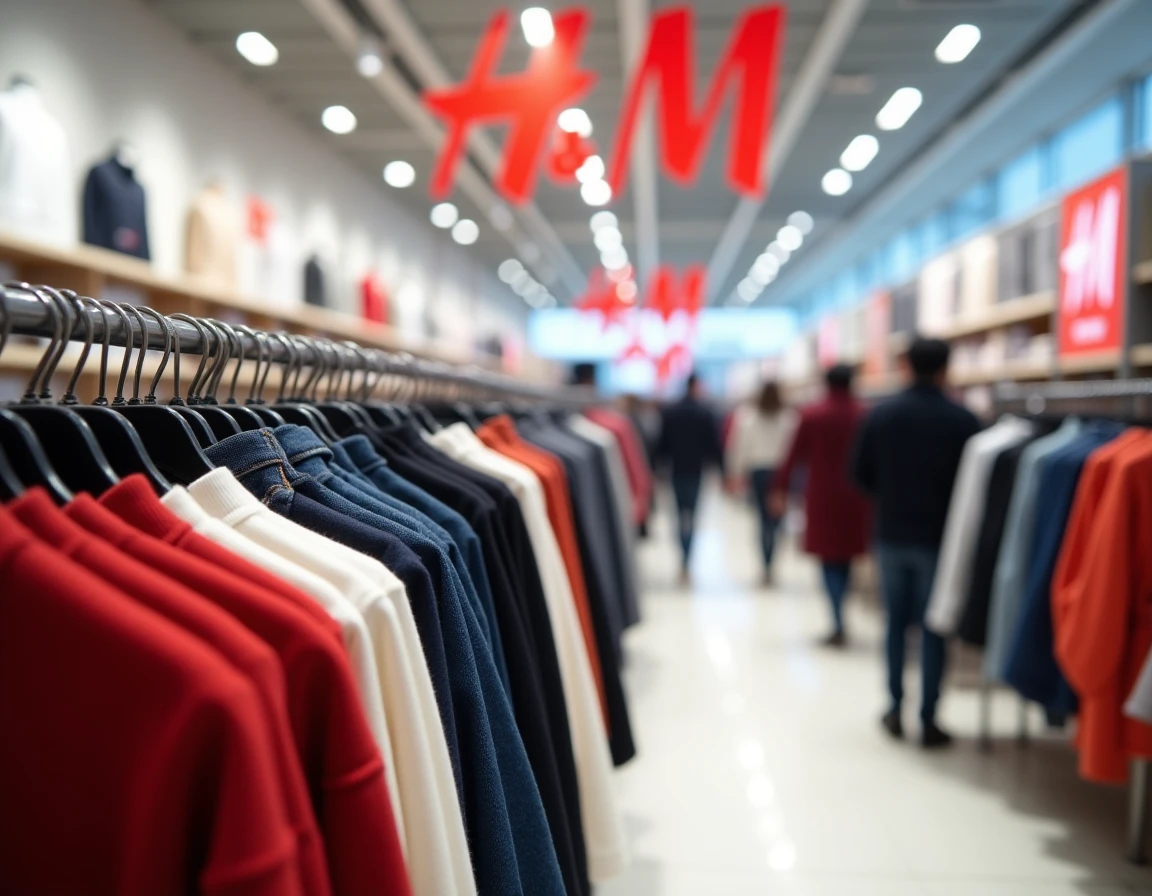 Intérieur d'un magasin H&M avec des rayons de vêtements colorés et des clients en train de faire leurs achats