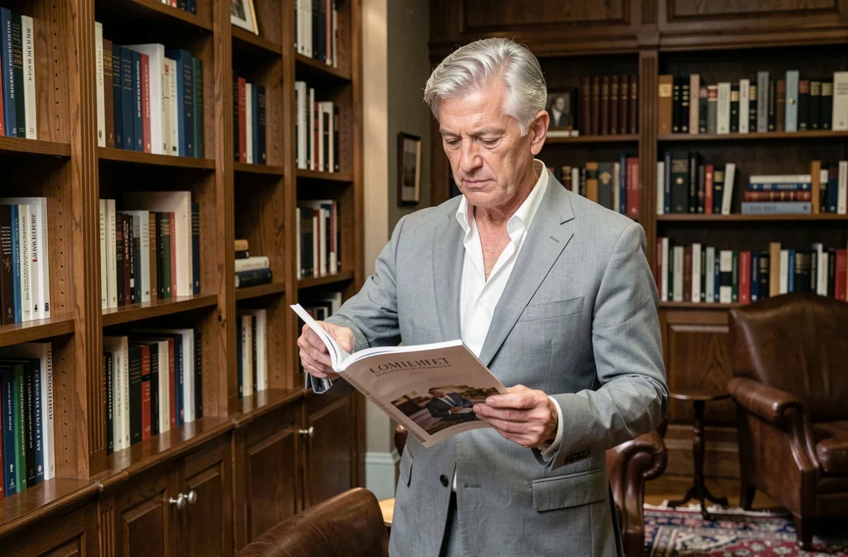 Investisseur privé senior consultant un magazine économique dans une bibliothèque privée élégante