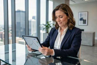 Investisseuse privée consultant des graphiques financiers sur tablette dans un bureau moderne avec vue sur la ville