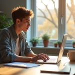 Jeune adulte étudiant regardant un cours en ligne sur un ordinateur portable