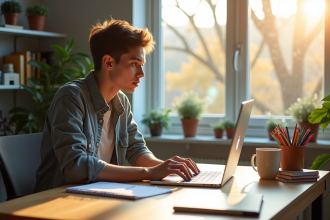 Jeune adulte étudiant regardant un cours en ligne sur un ordinateur portable