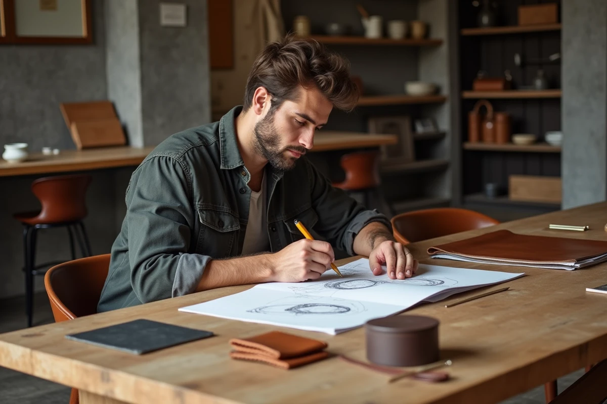 Jeune designer esquissant des accessoires dans un atelier moderne