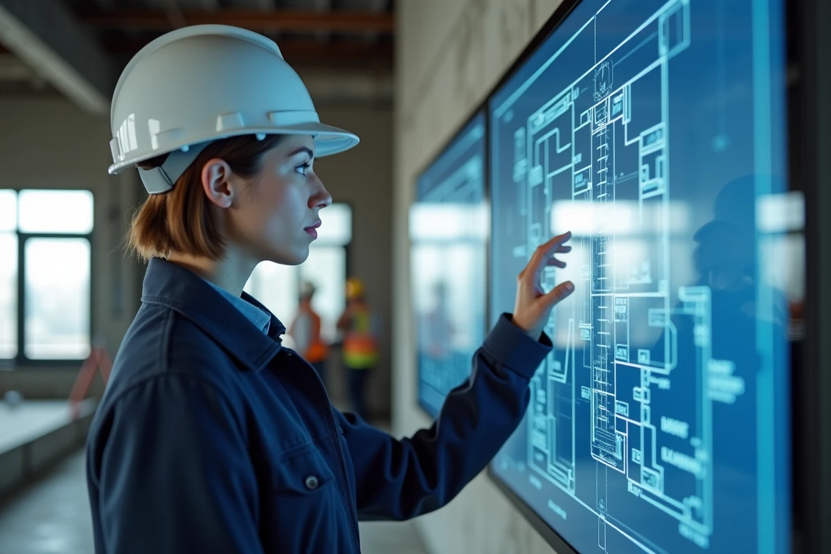 Jeune ingénieure utilisant un plan numérique sur un chantier actif