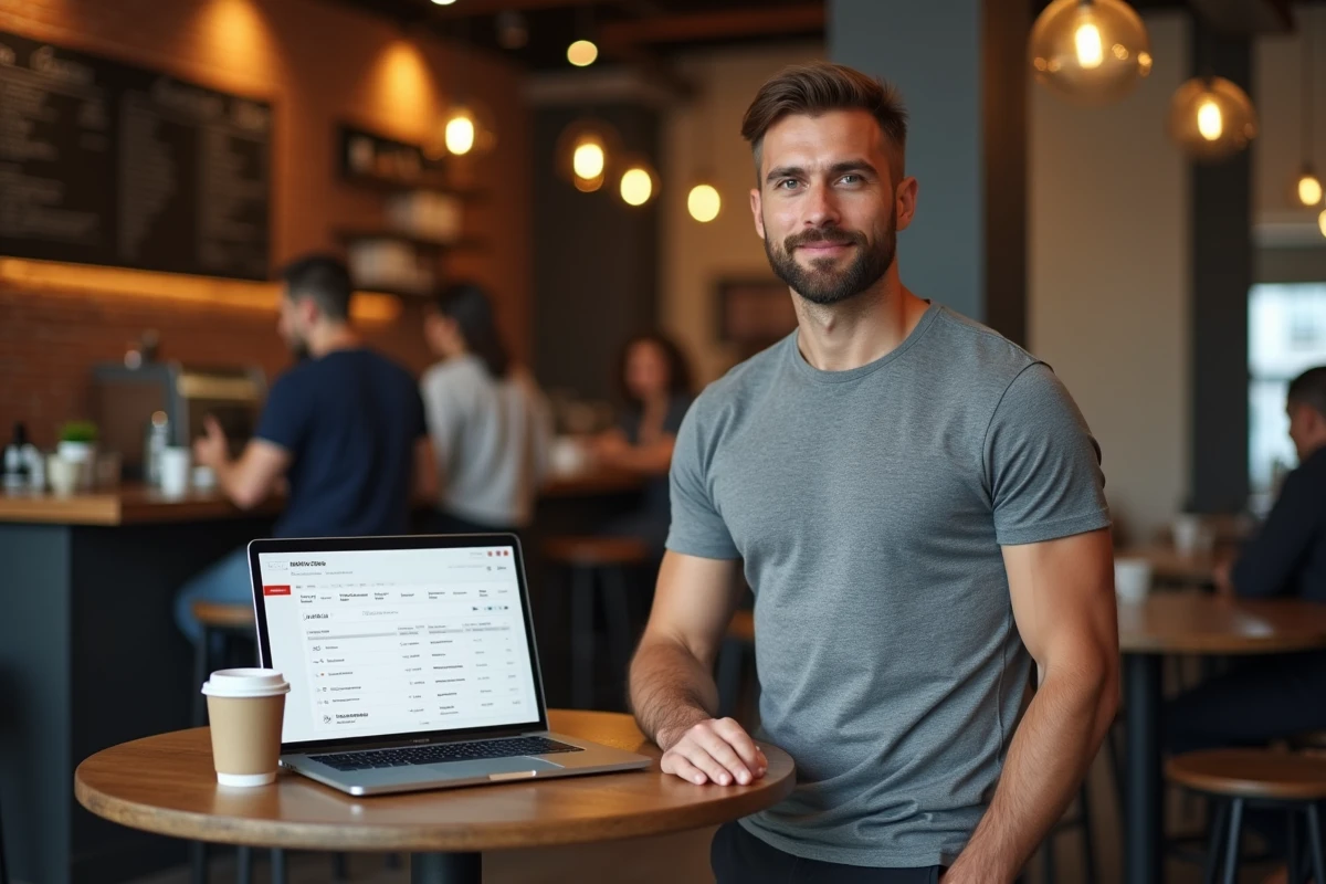 Jeune étudiant entrepreneur consultant son tableau de bord e-commerce sur un ordinateur portable dans un café urbain