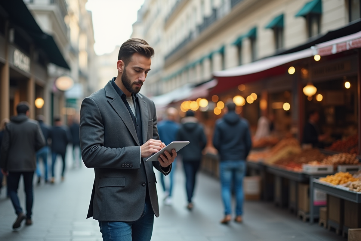 Jeune entrepreneur consulte des données sur une tablette en ville