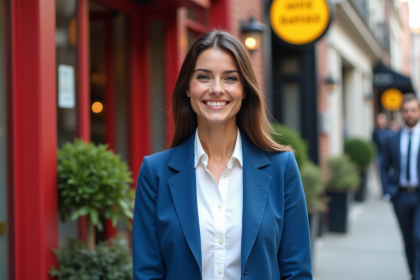 Jeune femme d'affaires souriante devant une boutique colorée