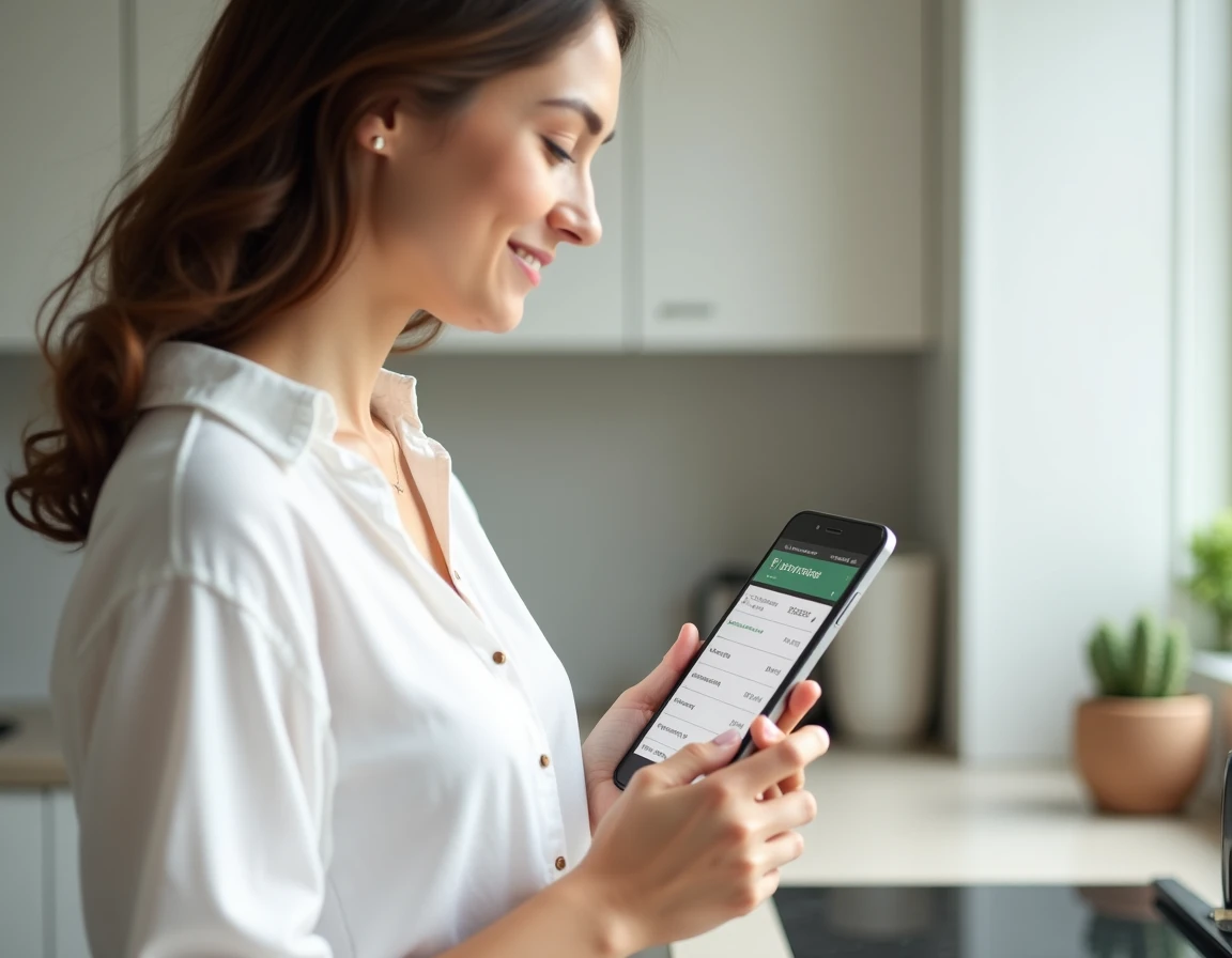 Jeune femme freelance consultant une application de facturation sur smartphone dans son appartement