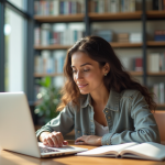 Jeune femme étudiant dans une bibliothèque lumineuse