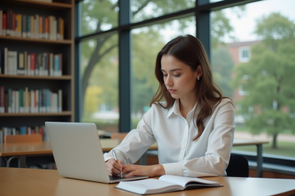 Jeune femme concentrée à la bibliothèque universitaire