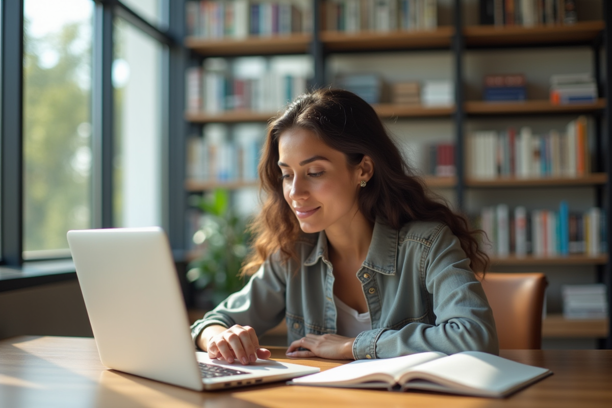 Jeune femme étudiant dans une bibliothèque lumineuse