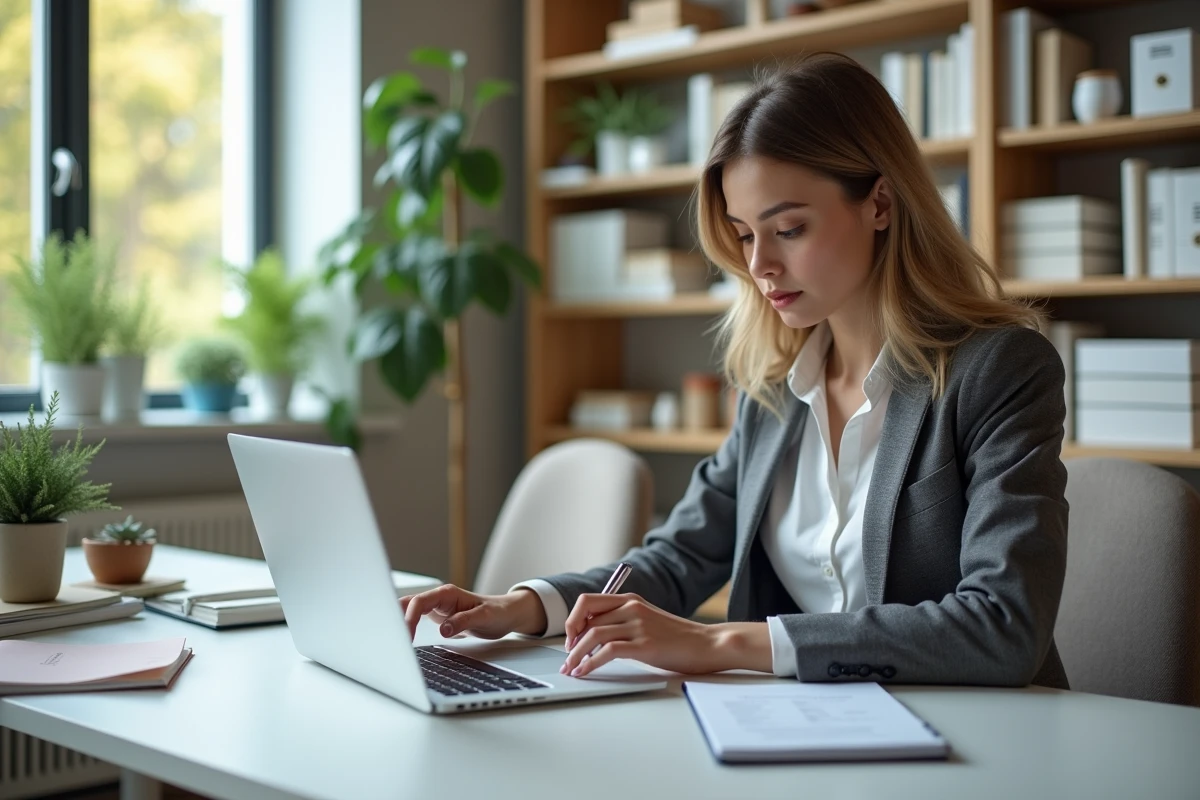 Jeune femme professionnelle travaillant à son bureau moderne