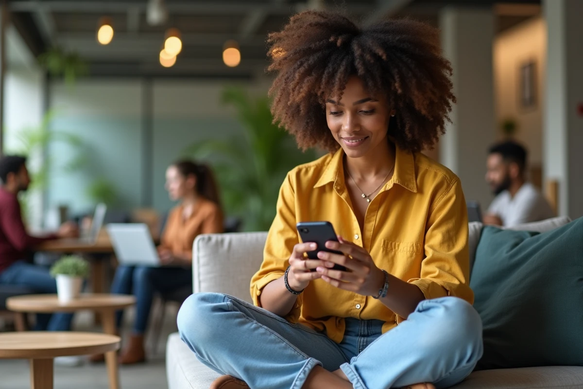 Jeune femme éditant la structure d'un post LinkedIn en gras sur smartphone dans un espace de coworking