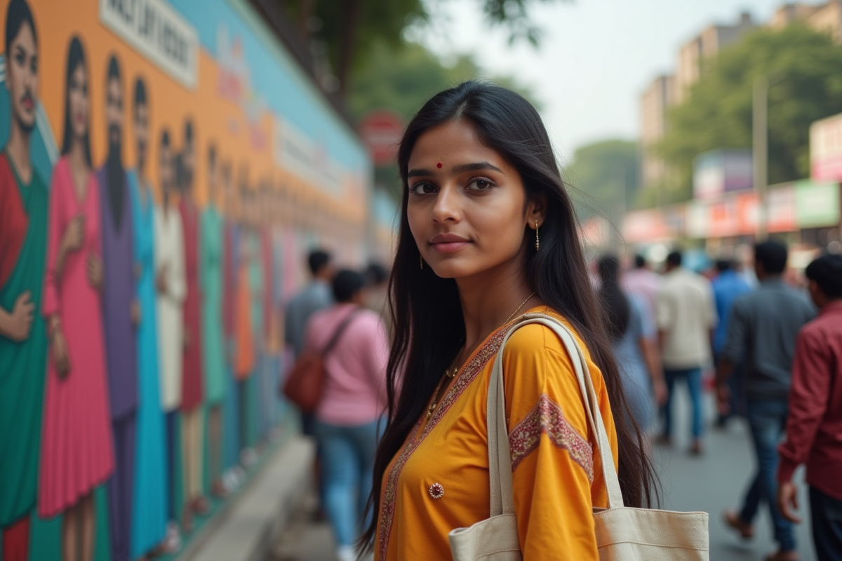Jeune femme indienne devant un mural coloré en ville