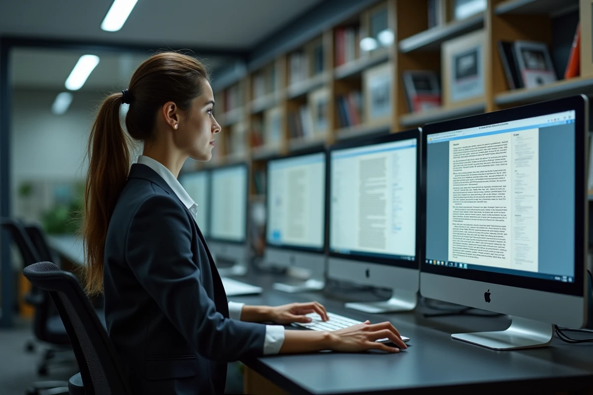 Jeune femme en recherche dans une bibliothèque moderne