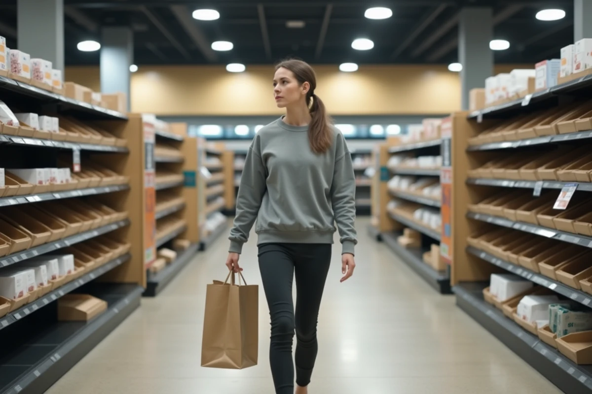 Jeune femme dans un magasin vide avec des étagères vides