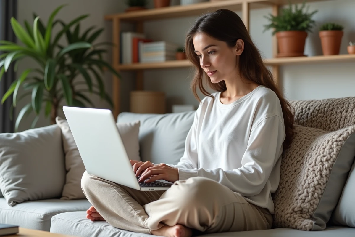 Jeune femme en télétravail sur son canapé consultant son espace MyPeopleDoc sur ordinateur portable