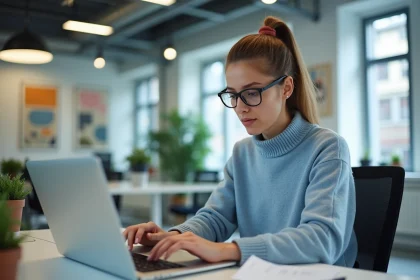 Jeune femme concentrée travaillant sur un ordinateur dans un bureau créatif