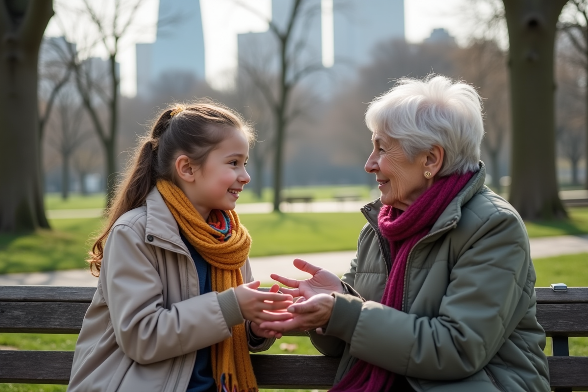 Jeune fille écoute une femme dans un parc urbain