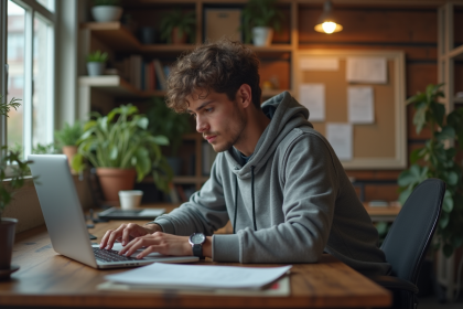 Jeune homme concentré sur son ordinateur dans un bureau cosy