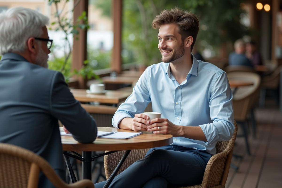 Jeune homme écoutant un collègue dans un café