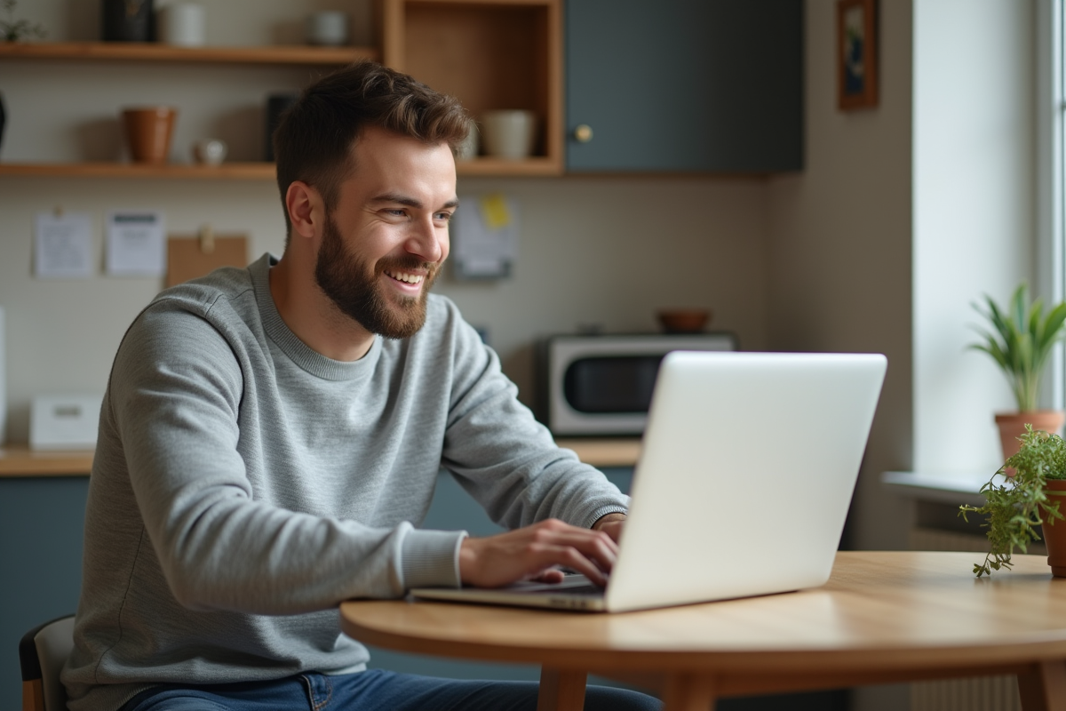 Jeune homme souriant utilisant un ordinateur dans sa cuisine