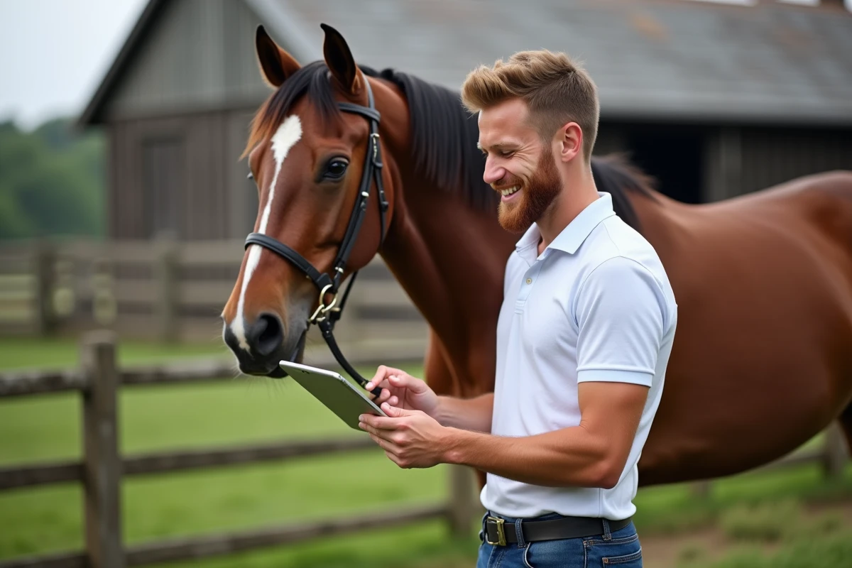 Jeune homme avec un cheval dans un paddock extérieur
