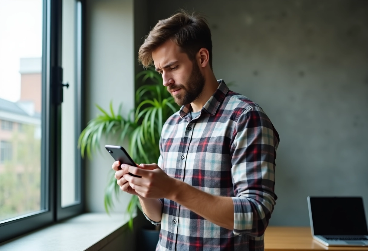 Jeune homme sceptique avec smartphone dans un bureau minimaliste