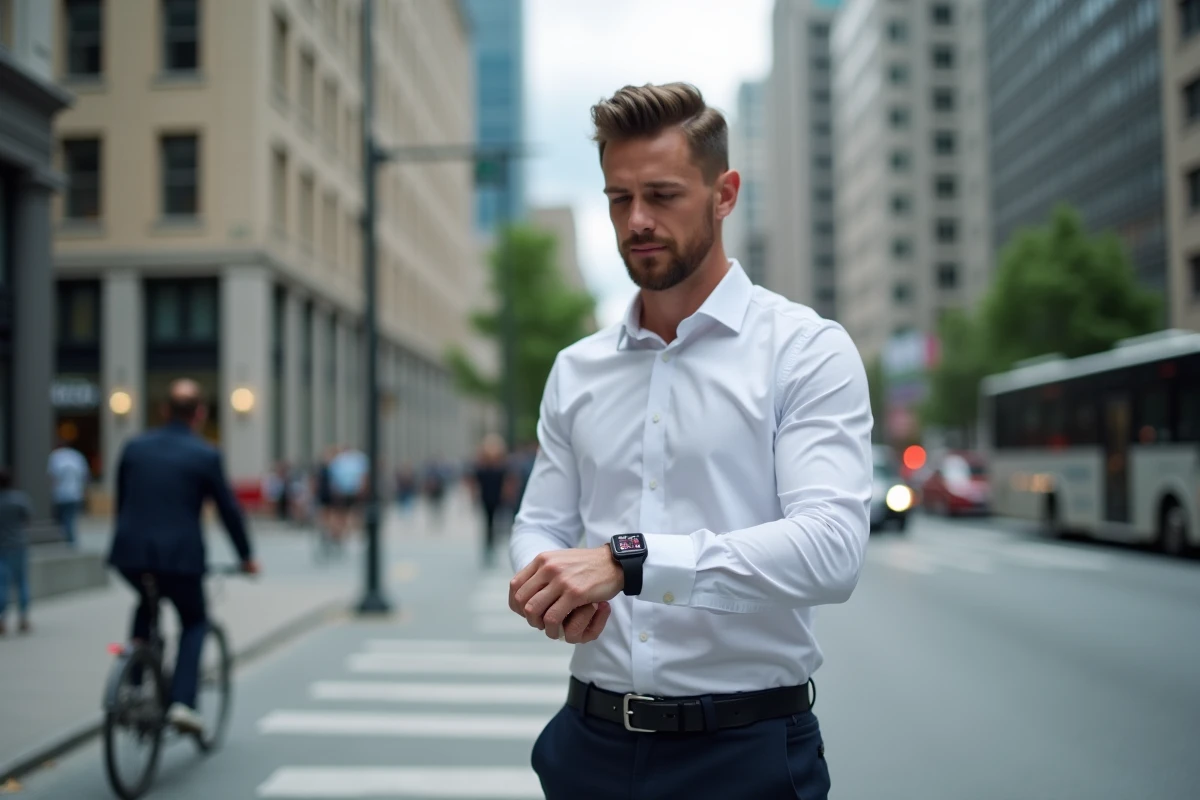 Jeune homme regardant sa montre connectée en ville