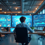 Jeune professionnel travaillant sur un ordinateur dans un bureau moderne avec écrans analytiques