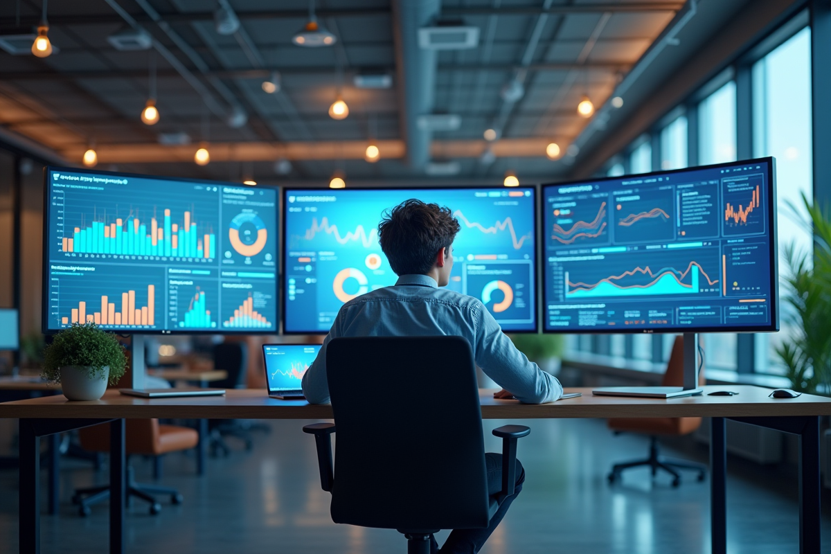 Jeune professionnel travaillant sur un ordinateur dans un bureau moderne avec écrans analytiques