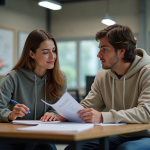 Deux jeunes professionnels en réunion dans un bureau moderne
