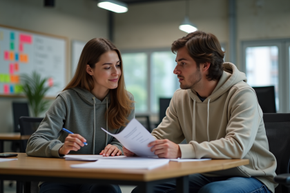 Deux jeunes professionnels en réunion dans un bureau moderne