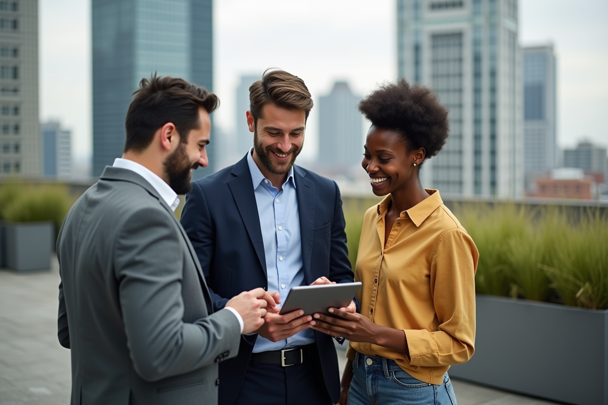 Trois jeunes entrepreneurs discutent sur un toit urbain en plein air