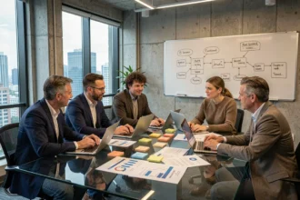 Groupe de professionnels réunis autour d'une table de conférence moderne lors d'un atelier d'innovation stratégique du Kellogg Innovation Network en 2026