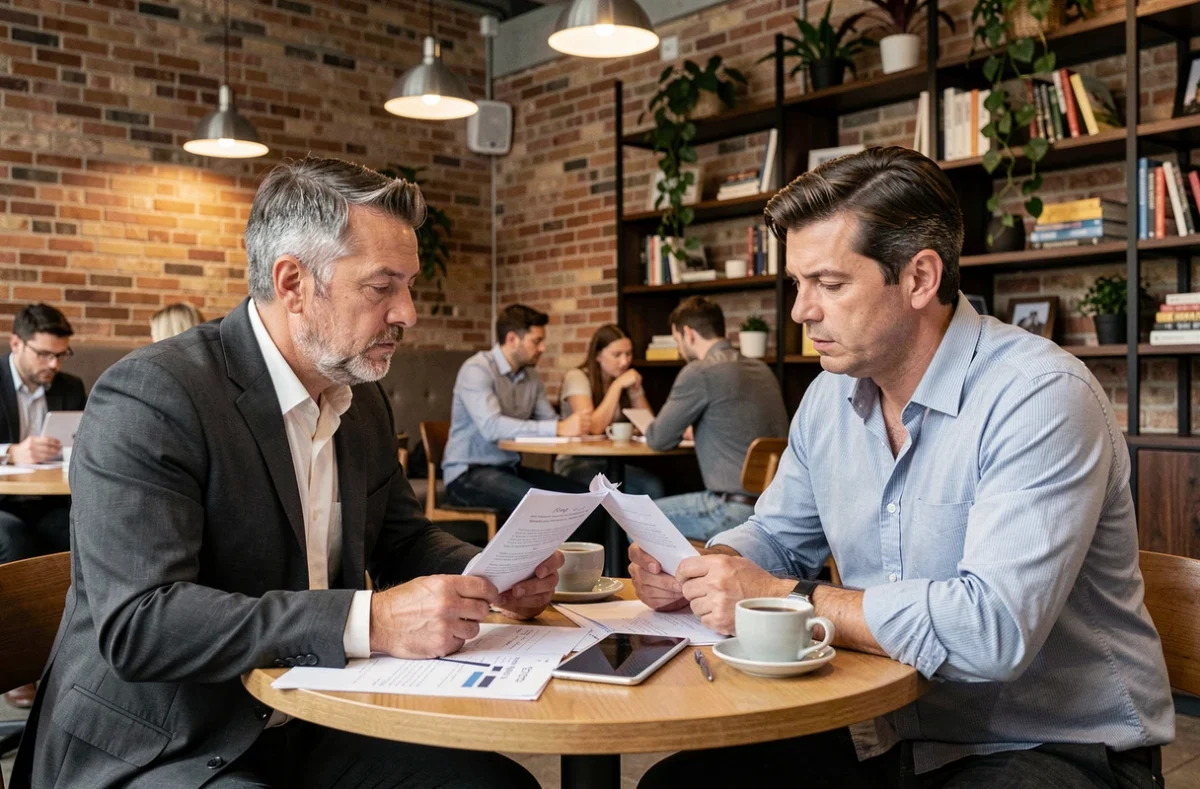 Deux cadres en discussion stratégique autour de documents d'innovation dans un espace de co-working moderne, dans le cadre du Kellogg Innovation Network