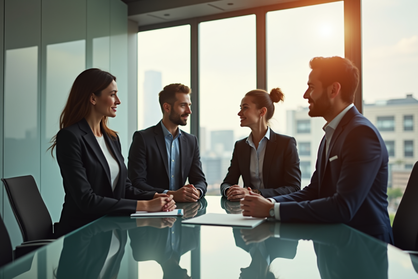 Quatre dirigeants d'entreprise aux styles variés dans un bureau moderne