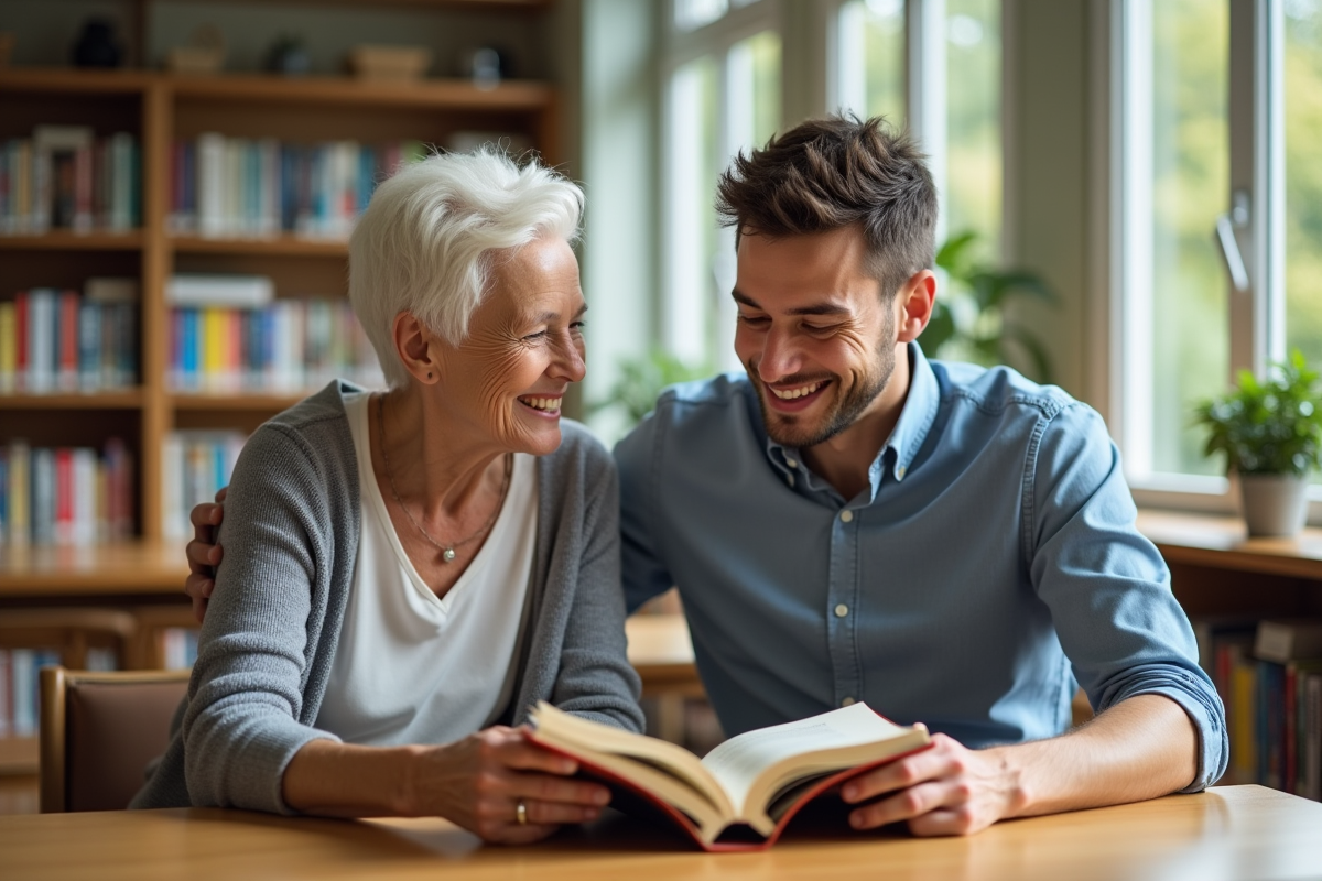 Une femme âgée et un jeune homme lisant ensemble dans une bibliothèque