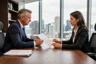 Employé recevant une lettre de licenciement dans un bureau d'entreprise suite à un refus de mutation professionnelle