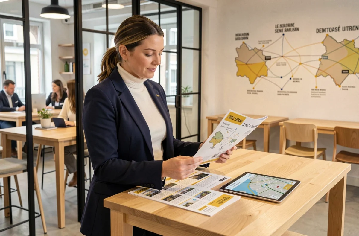 Consultante en développement local de Linkeo Seine-et-Marne analysant une carte SEO régionale dans un espace de coworking moderne