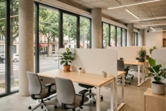 Espace de bureaux moderne en open space à Rueil-Malmaison avec grandes fenêtres et mobilier contemporain