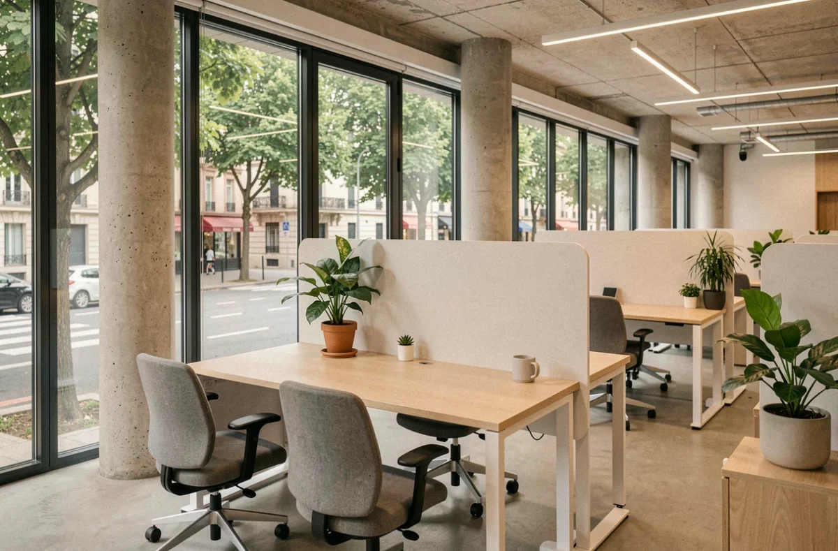 Espace de bureaux moderne en open space à Rueil-Malmaison avec grandes fenêtres et mobilier contemporain