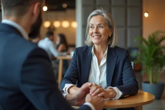 Une manager expérimentée écoute attentivement un collaborateur plus jeune dans un bureau moderne, illustrant la confiance et le leadership bienveillant