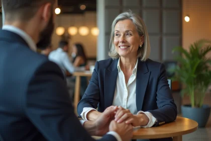 Une manager expérimentée écoute attentivement un collaborateur plus jeune dans un bureau moderne, illustrant la confiance et le leadership bienveillant