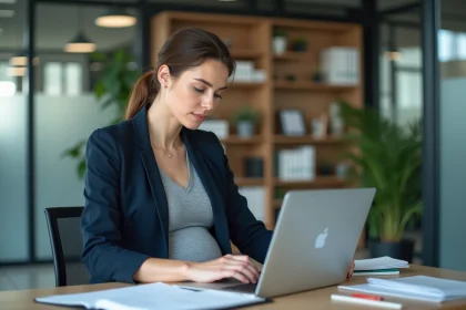Manager enceinte en blazer marine concentrée sur ses dossiers dans un bureau moderne, préparant sa transition de maternité