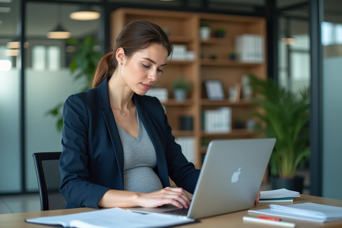 Manager enceinte en blazer marine concentrée sur ses dossiers dans un bureau moderne, préparant sa transition de maternité