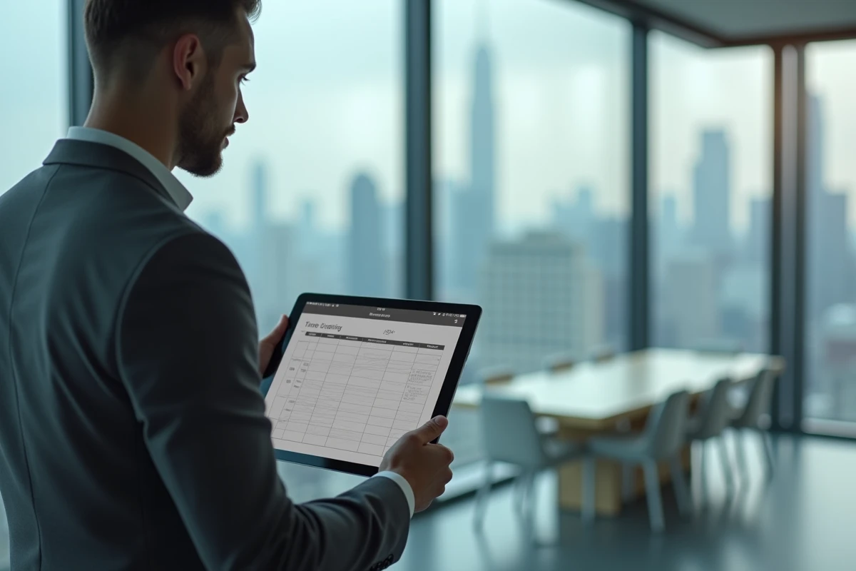 Manager masculin consultant un calendrier numérique de gestion des heures travaillées en forfait annuel jours