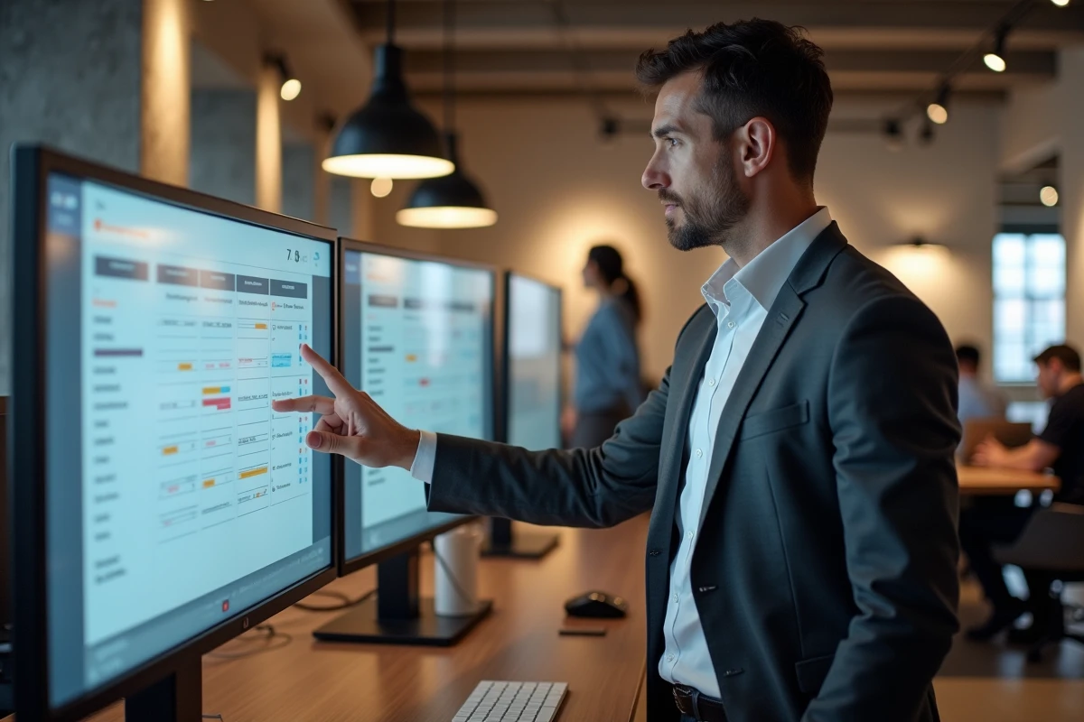 Manager debout devant un écran tactile gérant les congés des employés dans un espace de coworking moderne