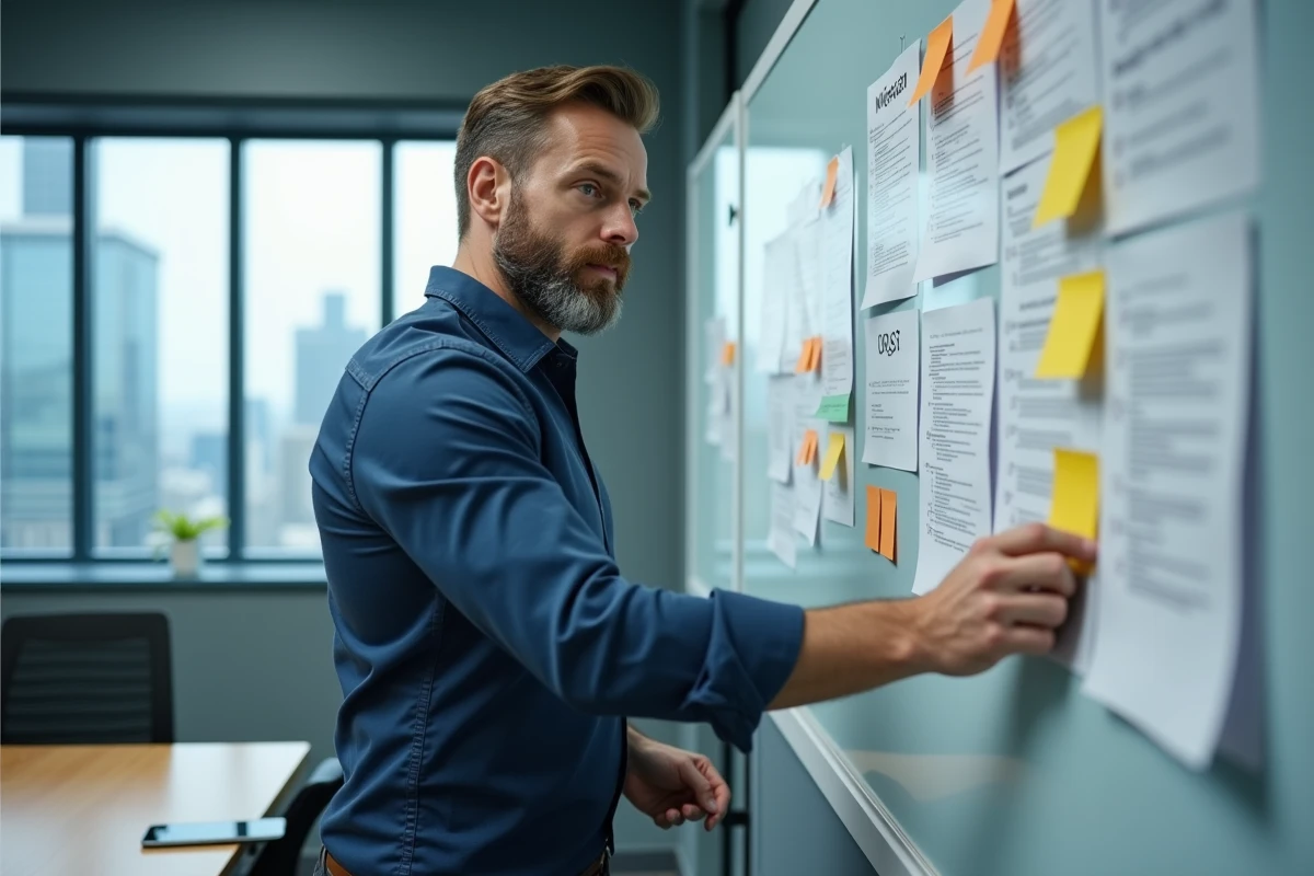 Manager IT analysant un plan de migration CRM avec des diagrammes de workflow sur un tableau blanc en salle de réunion