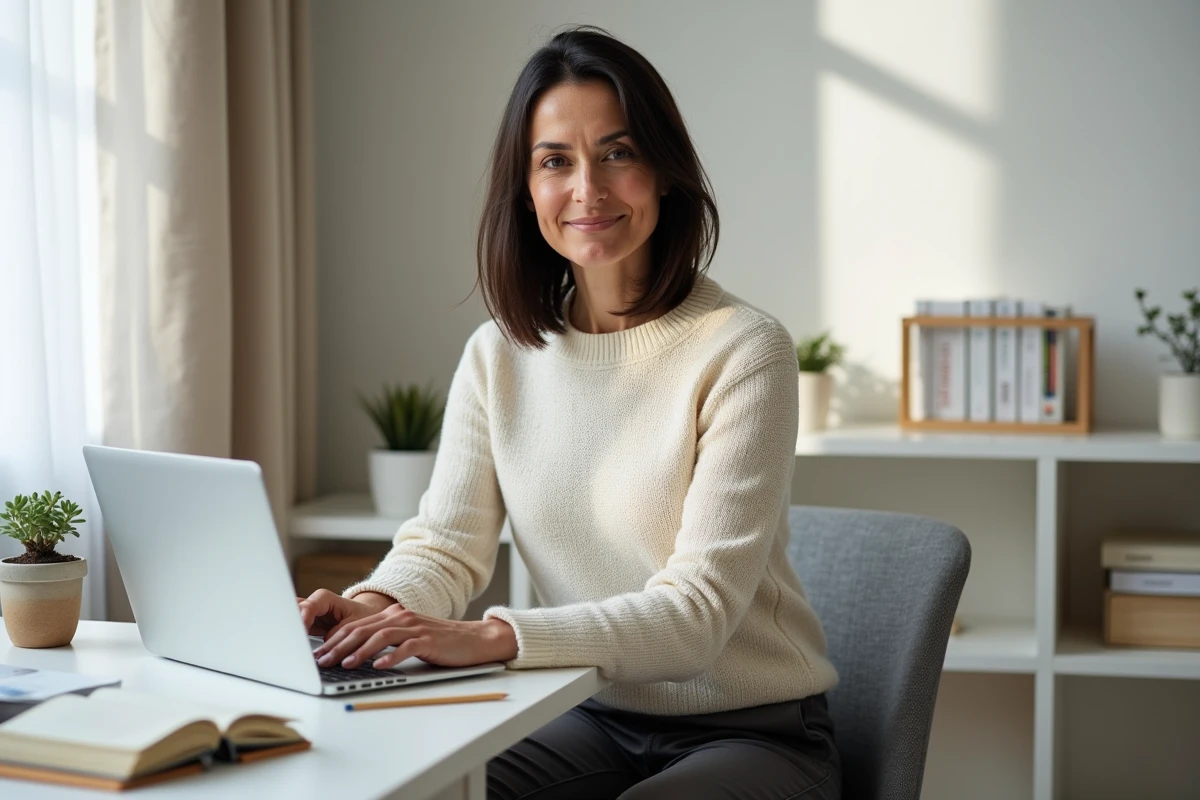 Manager en télétravail après son congé maternité, assise à son bureau à domicile avec un porte-bébé à proximité, alliant vie professionnelle et retour au poste